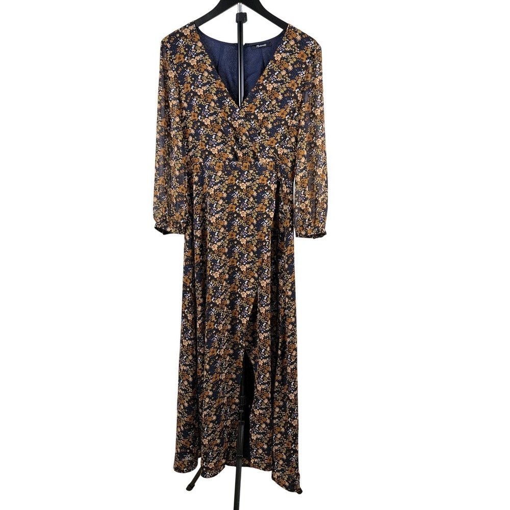 Madewell Floral‎ Midi Dress Fit Flare V Neck Long Sleeve Fall